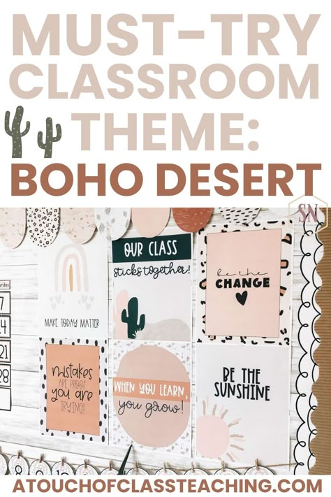 Are you looking for a calming and beautiful classroom theme to use in your elementary classroom? Here on the blog, I'm sharing about one of my most popular classroom decor resources, the Boho Desert Theme! This comes with printables to display colors and shapes, letters, calendars, birthdays, signals, hall passes, and much more. Get the ideas, inspiration, and access to the resource here! Back To School Classroom Themes, Classroom Shelves Decor, Elementary Classroom Decor Themes Color Schemes, Pre K Classroom Themes Early Childhood, Boho Western Classroom, Boho Bulletin Board Ideas Classroom, Boho Classroom Decor Ideas Preschool, Boho Western Classroom Theme, Boho Desert