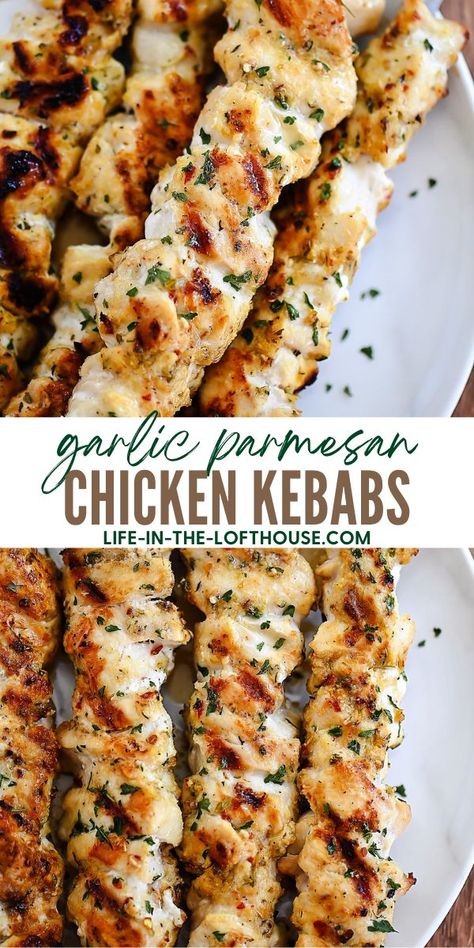 Easy Chicken Recipes Grilled, Easy Chicken Party Food, Chicken Skewers Dinner Ideas, Skewers On The Grill Chicken, Skewer Recipes Chicken, Gluten Free Chicken Skewers, Mexican Chicken Kabobs, Summer Keto Recipes Dinner, Garlic Parmesan Chicken Skewers By 12 Tomatoes