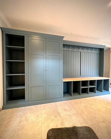 XL Shelved Boot Room Bench Combination – Ely Farmhouse Furniture Utility Room Floor To Ceiling Cupboards, Garage Boot Room, Hallway Cupboard Storage Ideas, Boot Room Ideas Entrance, Cloakroom Cupboard, Built In Hallway Storage, Large Hallway Ideas, Boot Room Bench, Hallway Coat Storage