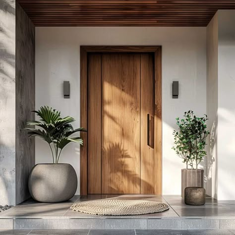 Japandi Front House, Front Door Entrance Decor Entryway, Japandi Door Design, Aesthetic House Entrance, Apartment Entrance Design Front Entry, Front Door Decorations Entrance, Front Entrance Decor Entryway, Front Door Entryway Ideas Exterior, House Exterior Entrance