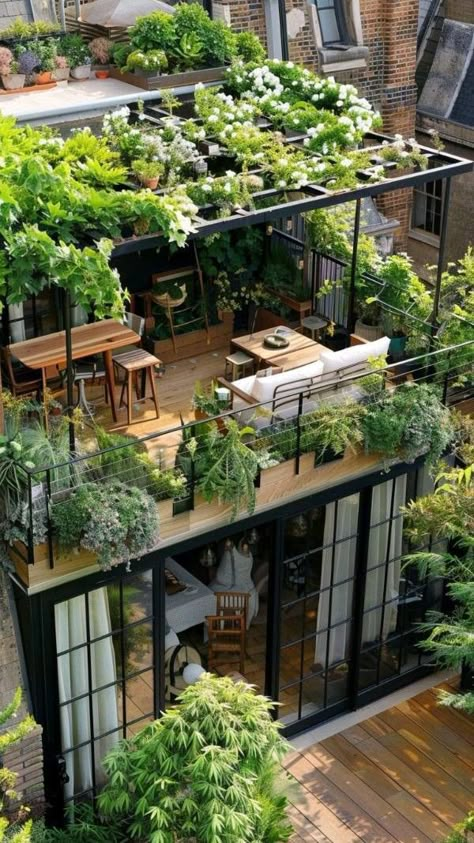 Balcony Ideas House Terraces, Large Balcony Ideas, Green Terrace, Desain Pantry, Terrace Decor, Rooftop Design, Rooftop Terrace Design, Balcony Plants, Patio Interior