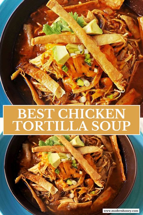 Warm up with a bowl of Chicken Tortilla Soup that’s packed with flavor and comfort! Made with tender chicken, hearty veggies, and topped with crispy tortilla strips, cheese, and avocado, this soup is perfect for cozy nights or game day gatherings. It’s easy to make and bursting with flavor. Save this recipe for a delicious, satisfying meal that everyone will love! Chilies Chicken Tortilla Soup, Fall Chicken Tortilla Soup, Sedona Tortilla Soup, Chicken Tortilla Soup Crock, Chicken Tortilla Soup Skinnytaste, Traditional Chicken Tortilla Soup, Chicken Tortilla Soup Chili's, Skinnytaste Chicken Tortilla Soup, Chicken Tortilla Soup From Chillis