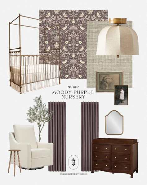 This moody purple nursery design is a new fav! Touches like floral wallpaper, plush velvet curtains and vintage art make it feel so regal… | Instagram Nursery Mood Board Girl, Moody Baby Girl Nursery, Moody Nursery Girl, Moody Girl Nursery, Moody Nursery, Floral Baby Girl Nursery, Dark Nursery, Purple Nursery Girl, Moody Purple