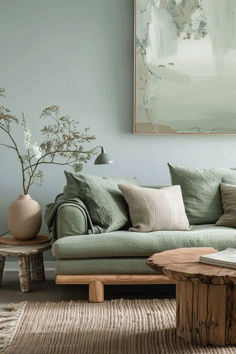 Discover 39  Ways to Create a Refreshing Blue and Green Living Room Living Room Inspiration Green Couch, Light Green Couch, Green Couch Decor, Olive Green Living Room, Olive Green Sofa, Modern Green Living Room, Green Walls Living Room, Blue And Green Living Room, Green Sofa Living