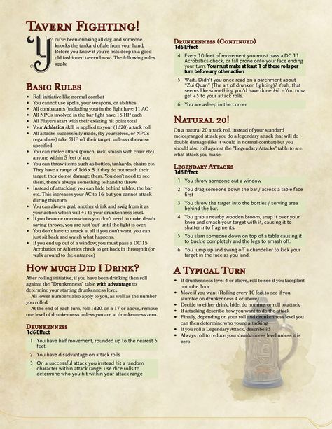 Homebrew Tavern Fighting Rules (5e) - Album on Imgur Dungeon Master Tips, Dnd Guide, Dm Ideas, Dnd Dm, Reward Ideas, Dungeons And Dragons Rules, Dm Screen, Dnd Stories, Dungeon Master's Guide