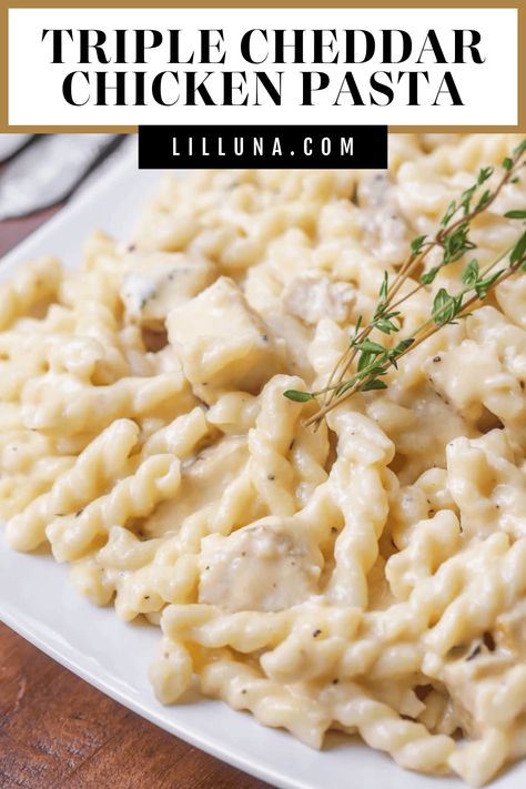 With a creamy homemade cheese sauce, this Triple Cheddar Chicken Pasta has become one of our favorite chicken and pasta dishes. Even my pickiest eaters love it! With pasta, chicken, seasonings, and LOTS of cheese, you definitely can't go wrong! #triplecheddarchickenpasta #cheddarchickenpasta #chickenpasta #cheddarpasta #cheesychicken Cheddar Chicken Pasta, Chicken And Pasta Dishes, Roll Ups Healthy, Cheddar Pasta, Chicken Breast Pasta, Pasta Bake Vegetarian, Asian Steak Bites, Creamy Pasta Bake, Asian Steak