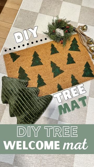 Kelsey + Ryan Mansingh | DIY & Renovation on Instagram: "Easy DIY holiday doormat 🎄I used the color BEHR Vine Leaf and stencil brushes- it was SO EASY! #holidaydiy #christmasdiy #diy #diycraft #christmascraft #holidaycraft" Diy Christmas Rug Painting, Christmas Outdoor Rug Ideas, Christmas Welcome Mat Diy, Diy Gingerbread House Doormat, Holiday Door Mats Diy, Doormat Ideas Christmas, How To Make A Doormat, Christmas Door Mat Ideas Diy, Diy Painted Doormat Christmas