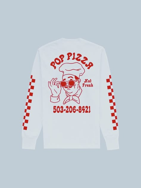 PIZZA CHEF LONG SLEEVE T-SHIRT | Pop Pizza Pizza T Shirt Design, Retro Pizza Logo, Pizza Restaurant Ideas, Pizza Branding Design, Cloud Pizza, Pizza Shirt Design, Pizza T Shirt, Retro Pizza, Pizza Graphic