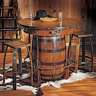 Cowboy Western Pub Table and Bar Stools | Flickr - Photo Sharing! Wine Barrel Chairs, Barn Bar, Whiskey Barrel Table, Western Bar, Casa Hobbit, Barrel Table, Western Rustic, Barrel Furniture, Party Barn