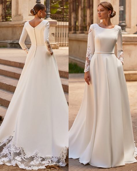 Bring your inner princess out with Moonlight Modest style M5063, a classy satin A-line wedding dress with built-in waistband. While keeping you look elegant with her all-over coverage, M5063 is alluring by having a wide V-shaped neckline at the back. Her long sleeves and chapel train are cut out with see-through net to make it even more fun. Check out more photos at the link now. #alineweddingdress #sleeveweddingdress #bridetobe Modest Wedding Dresses Satin, Modest High Neck Wedding Dress, Satin Wedding Dress With Long Sleeves, Modest Wedding Dresses With Sleeves Lace, Classy Elegant Wedding Dress Modest, Kate Middleton Wedding Dress Inspired, Elegant Long Sleeve Wedding Dress Classy, Full Coverage Wedding Dress, Satin Wedding Gown With Sleeves