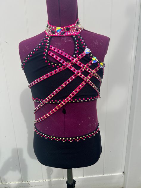 Custom Hot Pink with Black accents Jazz Costume - MC or LC . Measurements for MC Size *Bust - 28-29" *Waist - 25-27" *Hips - 29-30" *Girth - 46-48" . I can add feathers if wanted for a musical theater number!! Additional charges would apply . It will take approx about 2 weeks to complete costume, base is ready to be stoned upon purchase. Black Dance Costumes, Dance Fits, Wwe Outfits, Dance Competition Costumes, Solo Costume, Jazz Costumes, Performance Outfits, Competition Costumes, Jazz Dance Costumes