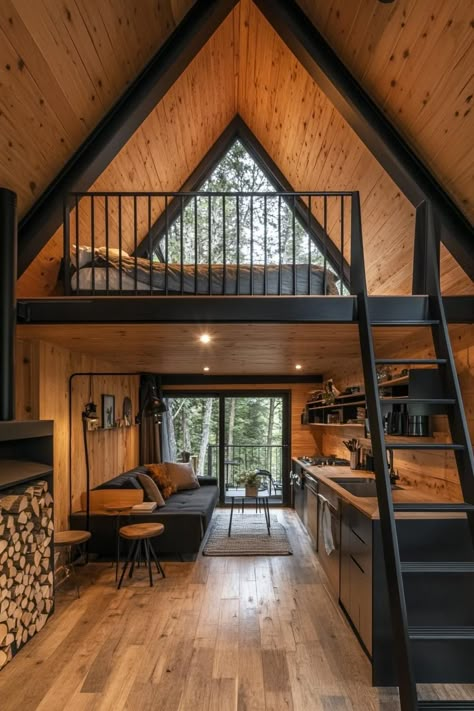 Tiny House A Frame Interior, Small Lofted Cabin, Small Wooden House Interior, Forest Cabin Floor Plan, Two Bedroom Cabin With Loft, Cabins With Loft Plans, One Bedroom A Frame House Plans, A Frame Wood Ceiling, A Frame House With Porch