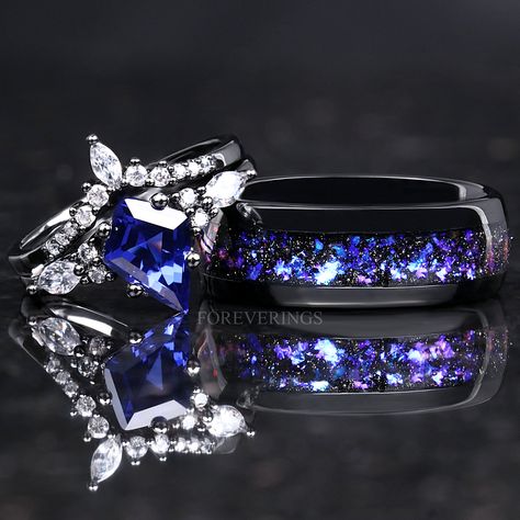 Wedding Band Sapphire, Purple Wedding Rings, Wedding Rings Sets His And Hers, Matching Promise Rings, Galaxy Wedding, Blue Wedding Rings, Couples Ring, Galaxy Ring, Sapphire Wedding Rings