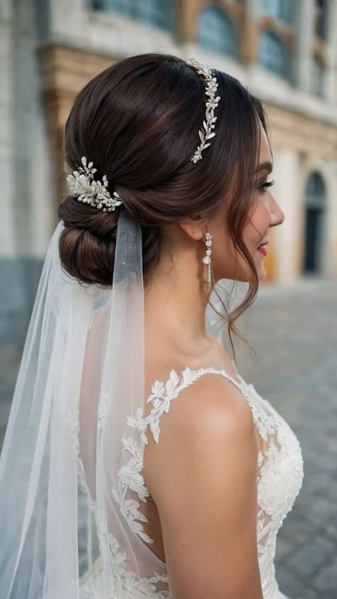 Low Bun With Wedding Veil, Low Bun With Tiara And Veil, Grecian Style Wedding Hair, Bridal Updos For Long Hair With Tiara, Bridal Updo Headpiece, Wedding Updo With Flowers And Veil, Wedding Upstyles Medium Length, Short Bridal Hair With Tiara, Wedding Dresses With Hair Down