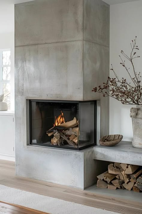 Chic Off Center Fireplace Design Ideas for Your Home Concrete Finish Fireplace, Fireplace Concrete Hearth, Fireplace Contemporary Design, Off Centered Fireplace Ideas, Double Sided Fireplace Ideas, Concrete Outdoor Fireplace, Side Fireplace, Off Center Fireplace, Loft Fireplace