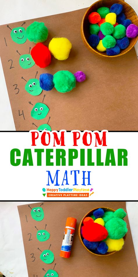 Simple Counting Activities For Preschoolers, Pom Pom Caterpillar Counting, Counting Projects For Preschoolers, Preschool Pom Pom Crafts, Teaching Counting To Toddlers, Diy Math Activities For Preschool, Cognitive Math Activity For Preschool, Math Activities For Two Year Olds, Toddler Math Activities Early Childhood