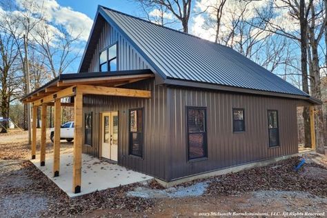 Off Form Concrete House, Tiny Metal Building Homes, Shop Turned Into House, Metal Building Cabin, Exterior Shop Colors Metal Buildings, Small Barn With Living Quarters, Brown Barndominium Exterior, Sheet Metal House, Burnished Slate Metal Building