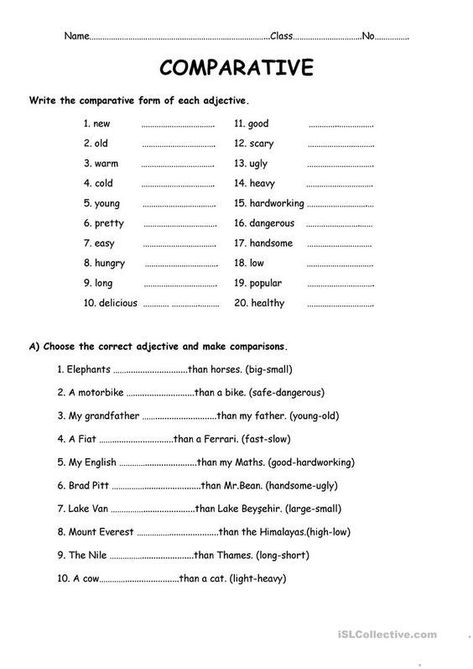 Here's a fun worksheet to practice adjectives and comparatives in English. Comparative Adjectives Activities, Comparative Adjectives Worksheets, Comparatives Worksheet, Degree Of Comparison, Long Adjectives, Comparison Adjectives Worksheets, Comparative And Superlative Adjectives Activities, Adjective Comparative And Superlative, Comparative Adjectives Worksheet