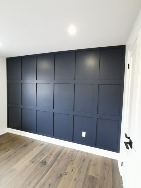 Solare Wood Accent Walls - SOLARE ACCENT WALLS Design On Wall With Wood, Navy Blue Wall Paneling, Masculine Bedroom Accent Wall, Blue Walls Wood Trim, Bedrooms With Navy Accent Wall, Dark Blue Accent Wall Office, Blue Accent Wall Boys Room, Textured Accent Wall Bedroom, Dark Navy Blue Bedroom