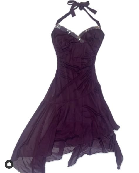 dark purple vintage 2000s inspired halter dress Early 2000s Hoco Dresses, 2000s Formal Dresses Short, Y2k Satin Dress, Early 2000 Dresses, Y2k Club Dress, 2000s Dresses Aesthetic, Cute 2000s Dresses, Y2k Semi Formal Outfits, Homecoming Dress 2000s