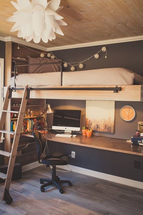 Boys Loft Bedroom, Boys Loft Beds, Loft Bed Ideas For Small Rooms, Loft Bed Desk, Loft Beds For Small Rooms, A Loft Bed, Beds For Small Rooms, Loft Style Bedroom, Loft Bed Plans