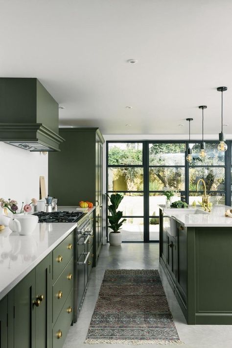 traditional #kitchen with green cabinets Green Kitchen Inspiration, Kitchen Extensions, Homes Kitchen, Devol Kitchens, Green Kitchen Cabinets, Real Homes, Green Cabinets, Shaker Kitchen, Kitchen Extension