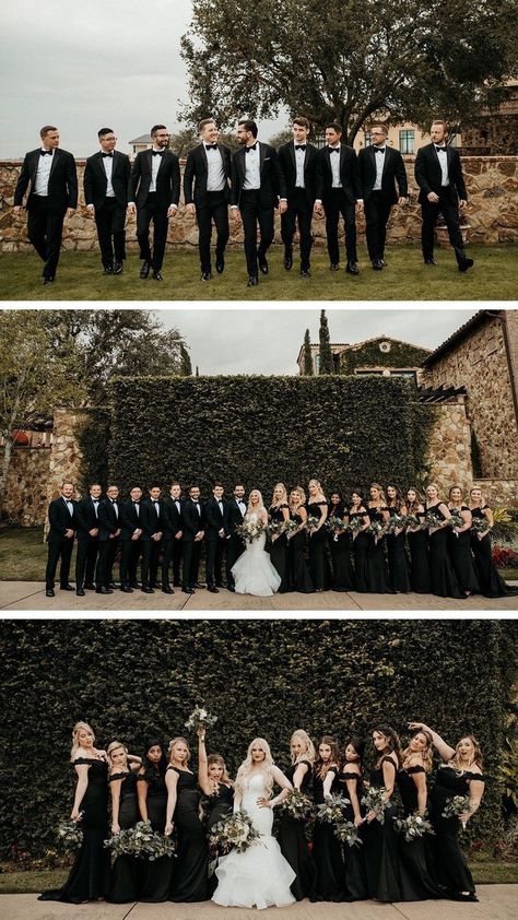 Wedding Party No Jacket, All Black Wedding Party Bridesmaid Dress, A Lot Of Bridesmaids, Huge Bridal Party, Black And White Wedding Party Pictures, 9 Bridesmaids And Groomsmen, Black Color Bridal Party, Huge Wedding Party Photos, Huge Wedding Party