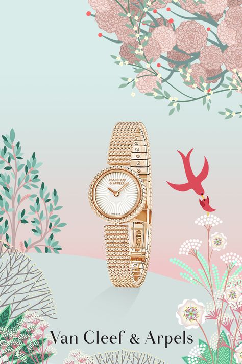 It's almost time to celebrate Mother's Day!… The Perlée watch and its dial in guilloché mother-of-pearl captures light for an intense sparkle! #Perlee #VanCleefArpels #MothersDay Illustrator: Charlotte Gastaut Vancleefarpels Watch, Luxury Graphic Design, Jewelry Artwork, Jewelry Product Shots, Fashion Poster Design, Bvlgari Jewelry, Antique Jewellery Designs, Jewelry Illustration, High Jewellery