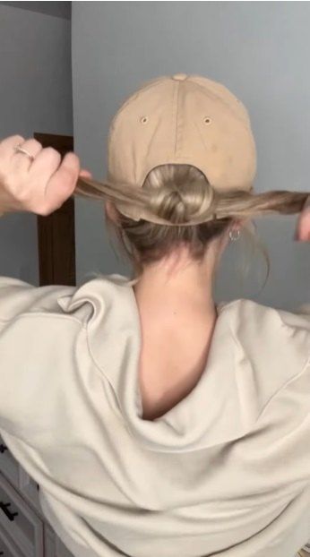 Stock Show Hairstyles, Low Bun With Hat, Hair Styles For Hats, Hairstyles With Hats Ball Caps, Hair With Baseball Hat, Ponytail With Hat, Ball Cap Hair, Cute Hairstyles With Hats, Ball Cap Hairstyles