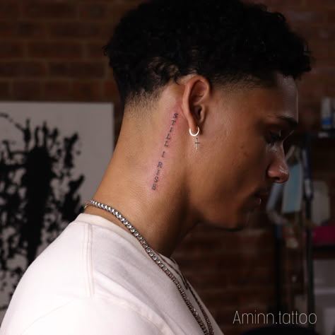 Text Tattoo On Neck, Small Men’s Neck Tattoos, Neck Word Tattoo Men, Brent Tattoo Ideas, Name On Neck Tattoo Men, Behind Ear Men Tattoo, Behind Ear Word Tattoo, Neck Tattoo For Guys Small Words, Neck Tattoo For Guys Words