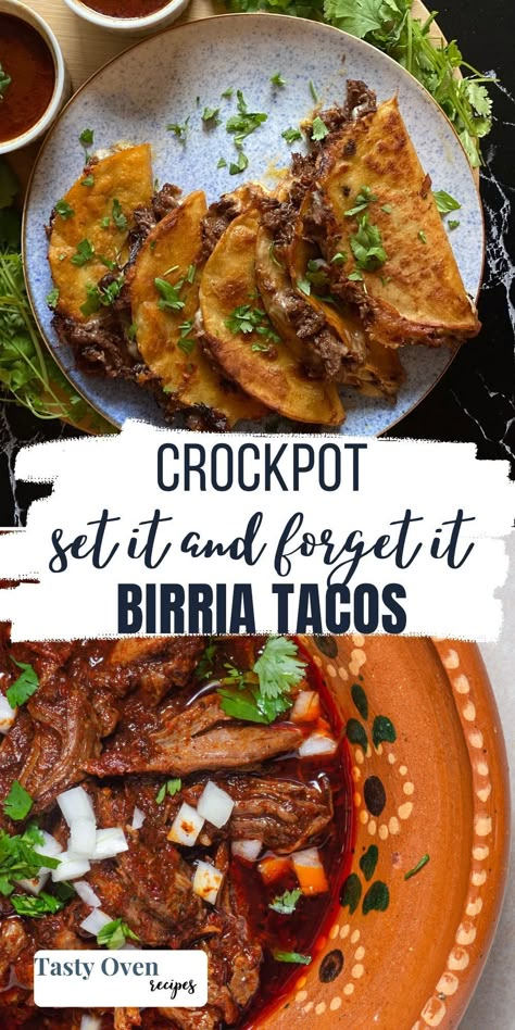 If you're looking for an amazing and easy recipe for birria in a crock pot, this is it! Made from tender cuts of beef and a Mexican-inspired sauce that's full of richness and warming flavor, Slow Cooker Birria is guaranteed to please. Enjoy in its original form as a stew or use to make those infamous birria tacos! Birra Slow Cooker, Birra Crock Pot, Gf Slow Cooker Recipes, Easy Slow Cooker Birria Tacos, Baria Tacos Crockpot, Easy Birria Recipe Mexican Crockpot, Chuck Roast Birria Tacos Crockpot, Easy Barbacoa Crock Pot, Birria In Crock Pot