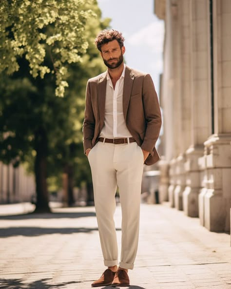 Brown Blazer Outfit Men, Light Blue Blazer Outfit, Outfit Ideas Brown, Men's Casual Outfits, Summer Cocktail Attire, Wedding Guest Outfit Men, Jeans Marron, Wedding Guest Men, Brown Pants Men