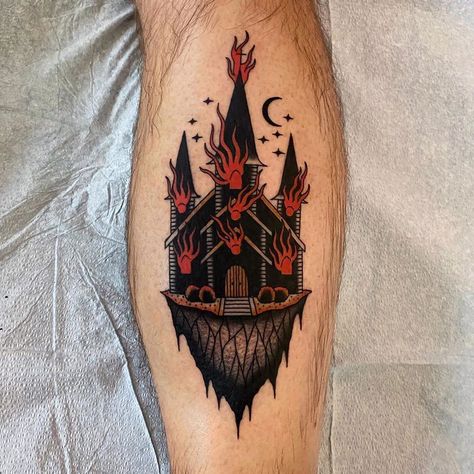 Burning City Tattoo, Burning Cathedral Tattoo, Burning Church Tattoo Design, Cathedral Tattoo, Church Tattoo, Burning Church, Good Tattoos, Burning City, Stippling Art