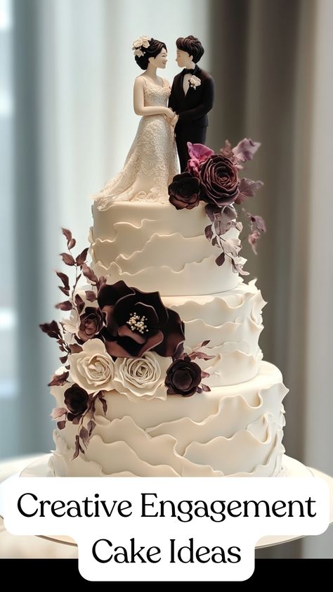 Creative engagement cake with elegant tiered design featuring unique decorations and playful cake topper for a memorable celebration Unique Engagement Decorations, Cake For Engagement Unique, Cake Ideas For Engagement, Roka Ceremony Cake Design, Engagement Cakes Elegant, Reception Cake Designs, Reception Cake Ideas, Cakes For Engagement Couple, Engagement Cake Designs Classy