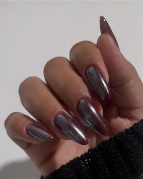 Sharing some pics of the burgundy chrome look Swipe to checkout the tutorial in case you missed it Using @daily_charme chrome powder and s’mores polish for this look. #chromenails #burgundynails #fallnails #nailsinspo Dark Nails With Chrome Powder, Plum Nails With Chrome, Matte And Chrome Nails Design, Fall Chrome Nail Colors Ideas, Plum Nails With Design Fall, Burgundy Nails With Chrome, Plum Chrome Nails, Chrome Nails Dark, Maroon Chrome Nails