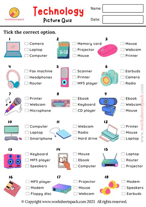 Technology Worksheets For Kids, English Test For Kids, Technology Activities For Kids, Technology Worksheets, Technology Vocabulary, Quiz For Kids, English Poster, Vocabulary Test, Classroom Attendance