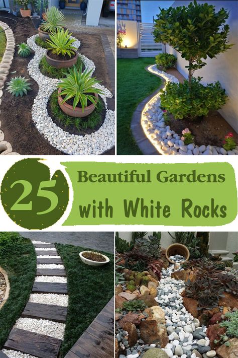 White Rock Garden Landscaping, White Rock Garden, Garden Design With Rocks, Garden Design With Stones, Pebble Rock Landscaping, Backyard Rocks, Front Lawn Landscape Ideas Low Maintenance, Curb Appeal Rock Landscaping, Rock Ideas Landscaping