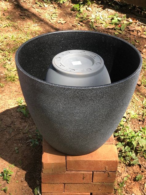 DIY Solar Water Fountain Under $50 • Southern Chick Journal Diy Solar Garden Fountain, Making A Water Fountain, Easy Water Feature, Solar Powered Water Fountains Outdoor Diy, Diy Patio Water Features Ideas, Backyard Water Features Diy, Bucket Water Feature, Water Feature Bird Bath, Water Fountain Planter Garden Ideas