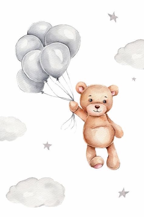 Teddy With Balloons, Teddy Bear Drawing, Nursery Illustration, Idee Babyshower, Baby Print Art, Baby Poster, Clipart Baby, Baby Boy Room Decor, Bear Drawing