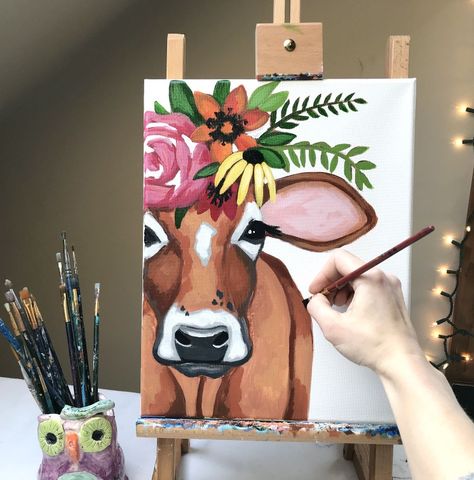 Best Easy Painting, Cow Art Wallpaper, Animal Acrylic Painting Ideas, Cow Paintings On Canvas Acrylics, Cow Painting Step By Step, How To Paint A Cow Step By Step, Diy Cow Painting, Colorful Cow Painting, Easy Cow Painting Simple