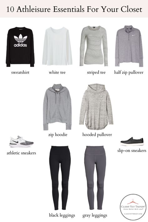 10 Athleisure Essentials For Your Closet - Prep your closet with a gym inspired clothes and shoes affordable budget friendly wardrobe.  Wear your outfits to workout and dress casual everyday!  Includes a half zip pullover, sweatshirt, tee, zip hoodie, hooded pullover, leggings, athletic sneakers and slip on sneakers. #capsulewardrobeblogger #capsulewardrobe #leancloset #lessismore #capsulecloset #slowfashioninspo #thatsdarling #darlingdaily #darlingmovement #ootdshare #livesimply #thelittlething Old Navy Athleisure Outfits, Target Athleisure Outfits, Women’s Athleisure Outfits 2023, Womens Athlesuire Outfits, Soft Classic Athleisure, Workout Wardrobe Capsule, What To Wear With Athletic Leggings, Cool Weather Athletic Outfits, Athlesuire Capsule Wardrobe