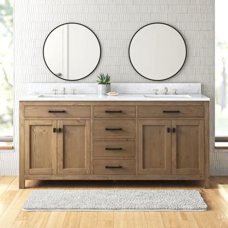 Wade Logan® Basima 72" Double Bathroom Vanity Set | Wayfair Natural Wood Vanity Bathroom, 72 Inch Bathroom Vanity Double Sinks, Oak Vanity Bathroom, Traditional Bathroom Vanities, Wood Double Vanity, Natural Wood Bathroom Vanity, Bathroom Vanity Double Sink, 72 Vanity, Engineered Stone Countertops