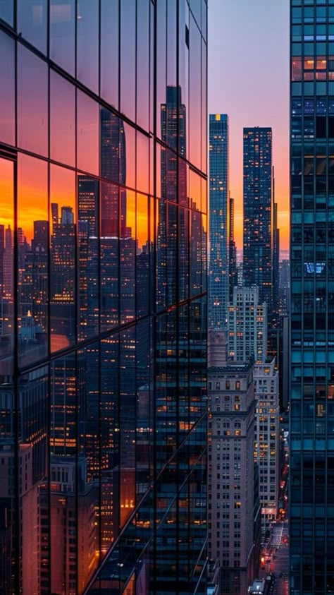 Pretty Cityscapes, Skyscrapers Aesthetic, Urban City Aesthetic, Glass Building Facade, Skyscraper Landscape, City Sunset Aesthetic, Cityscape Reflection, Skyscraper Aesthetic, Reflection Aesthetic