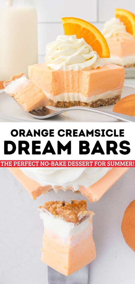 These Orange Creamsicle Dream Bars are the perfect no-bake dessert for summer! Your whole family will love the crunchy crust, sweet cheesecake layer, and refreshing orange cream topping. One taste of this sweet summer dessert, and you’ll go right back to the days of buying an Orange Creamsicle off the ice cream truck. Cookie Crust Cheesecake, Orange Recipes Dessert, Dessert For Summer, Creamsicle Cake, No Bake Summer Desserts, Orange Dessert, Cheesecake Layer, Baked Dessert, Orange Baking