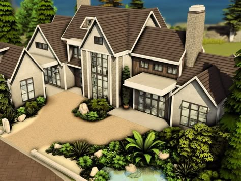 The Sims Resource - Modern Country House with Converted Garage Sims 4 Houses On Gallery, Sims 4 Houses Farmhouse, Sims 4 Barndominium, Sims 4 House Download No Cc, Sims 4 50x40 House, Sims Country House, House Lots Sims 4, Sims 4 Front Yard, Newcrest Sims 4 Ideas