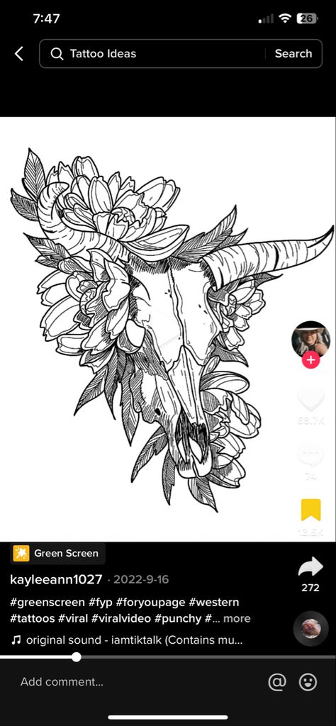 Half Bull Skull Half Flower Tattoo, Cow Skull With Flowers Tattoo, Bull Skull Tattoo With Flowers, Cow Skull Tattoo, Steer Skull With Flowers Tattoo, Bull Skull With Sunflowers Tattoo, Skull With Wildflowers Tattoo, Cow Skull Tattoos, V Tattoo