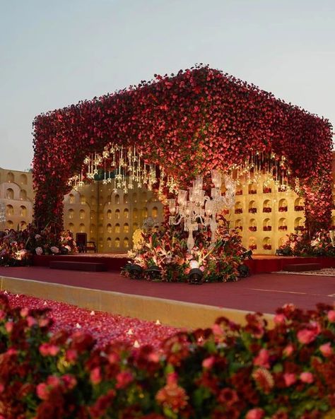 Wedding • Instagram Mandap Design, Beautiful Wedding Decor, Indian Wedding Theme, Night Wedding Decor, Red Wedding Decorations, Wedding Stage Backdrop, Wedding Stage Decor, Wedding Decor Photos, Wedding Entrance Decor