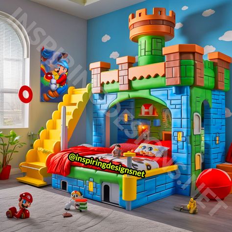 These Giant Mario Kids Beds Will Warp Your Children Straight into Dreamland! Super Mario Bunk Bed, Mario Loft Bed, Kids Mario Bedroom, Super Mario Bros Bedroom Ideas, Super Mario Kids Room, Super Mario Bros Room Ideas, Mario Kart Bedroom, Toddler Boy Beds, Mario Bros Bedroom Ideas