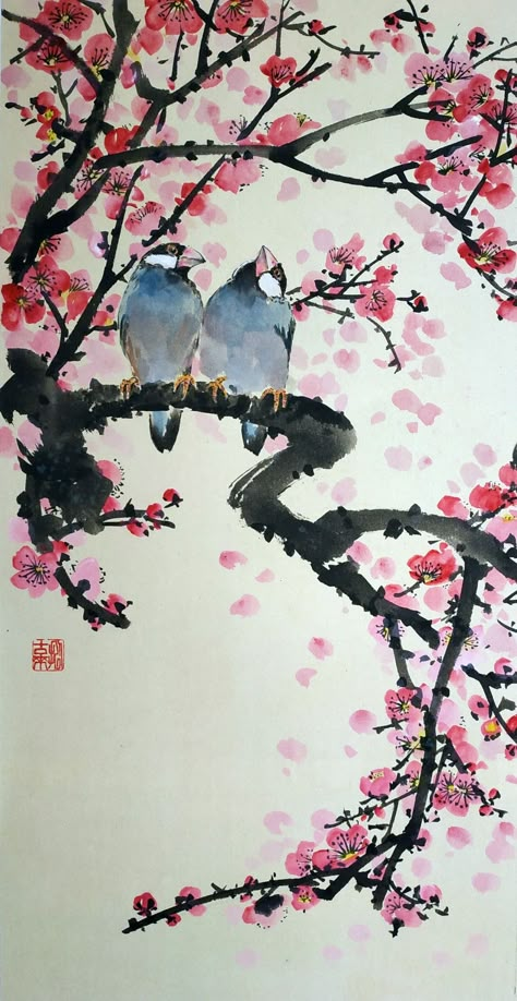 Watercolor Japanese Art, Bird Illustration Print, Cherry Blossom Drawing, Cool Ear Tattoos, Modern Watercolor Art, Chinese Folk Art, Ear Tattoo Ideas, Tree Watercolor Painting, Cherry Blossom Painting