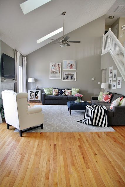 Gray living room with pops of pattern and color.  Gray walls and sofas, gray area rug, light hardwood floors: Grey Wood Floors Living Room, Wood Floors Living Room, Dark Wood Floors Living Room, Living Room Hardwood Floors, Living Room Wood Floor, Grey Wood Floors, Room Dark, Light Hardwood, Living Room Decor Gray